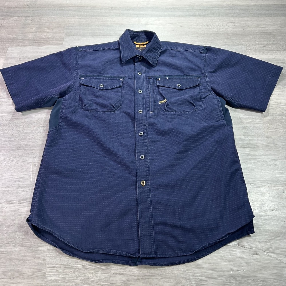 Ariat Rebar Shirt Mens Medium Blue Stripe Short Sleeve Button Up Workwear